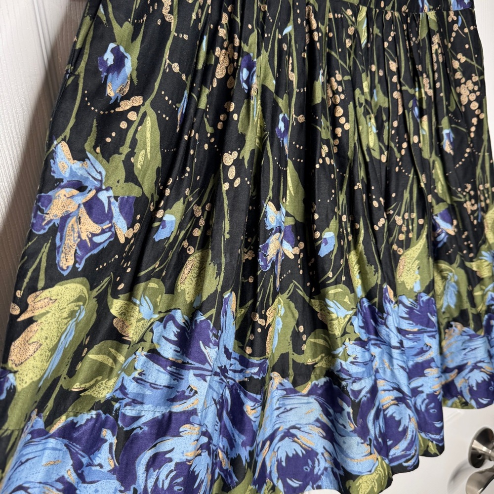 Ann Taylor LOFT Skirt Women's 14 Black Blue Floral Pleated A-Line Pockets - Picture 3 of 6